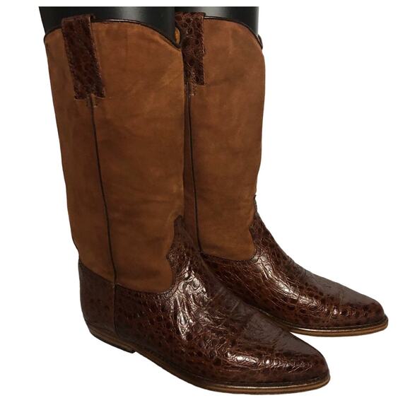 Vintage Armando Pollini cowgirl reptile & suede leather brown boots size 6 (37) - Picture 1 of 12